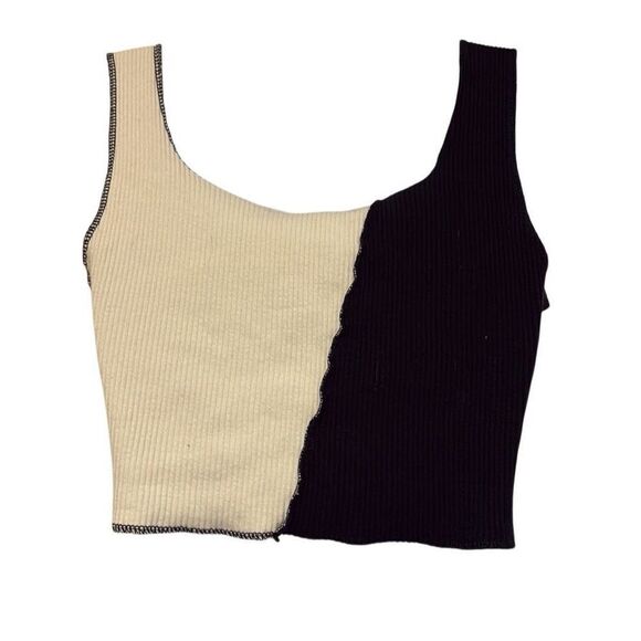 Storets S/M Black White Asymmetrical Colorblock Distressed Ribbed Crop Top - Picture 2 of 6